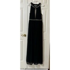Windsor Black Long Formal Prom dress High Neck- Beaded Neck & Waist, Keyhole -L